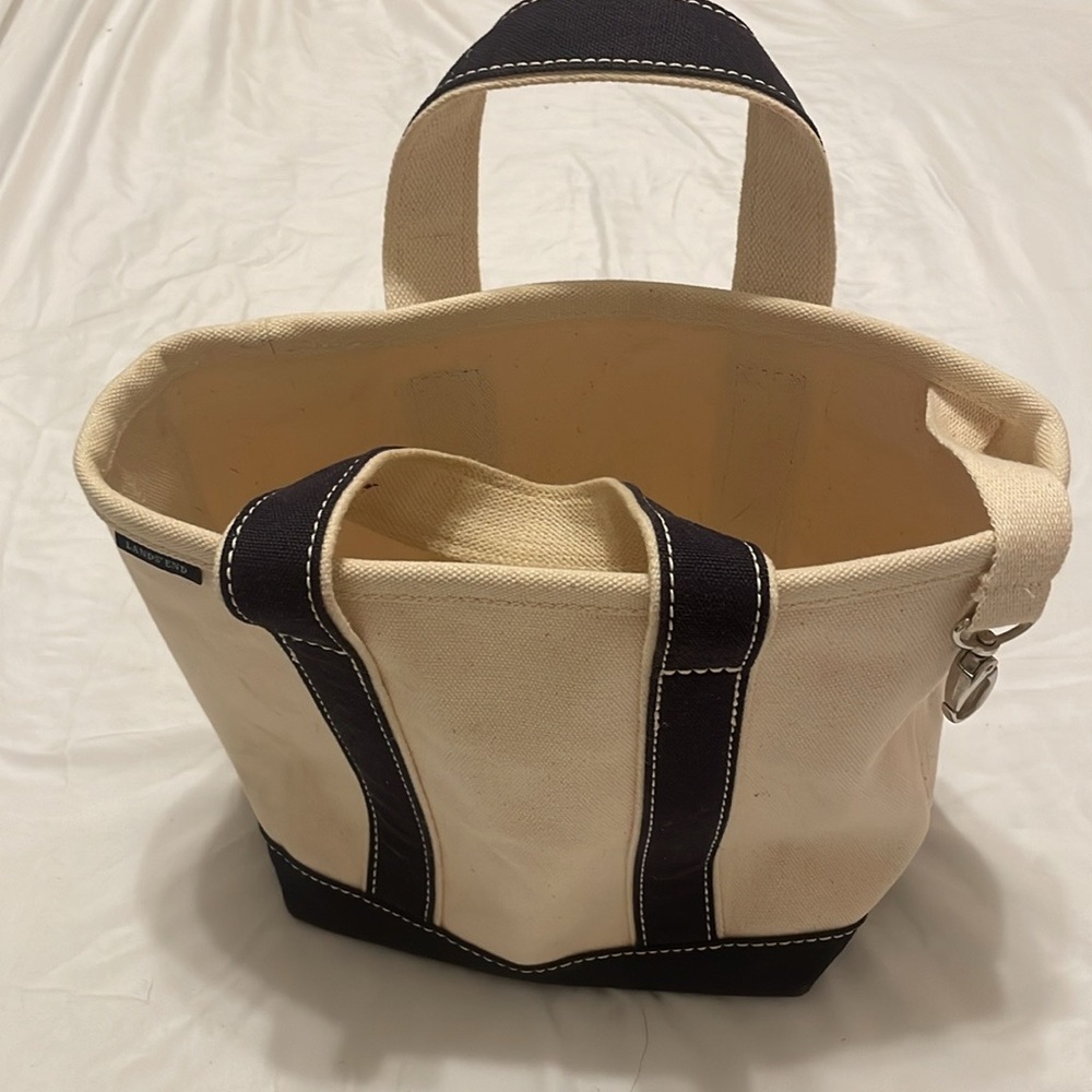 Lands tote bag canvas white navy blue purse clip